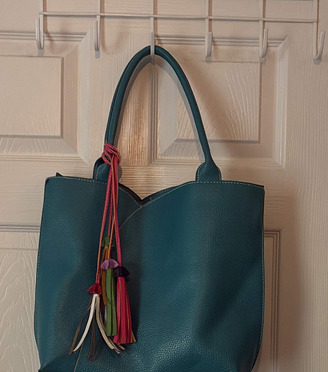 Teal Pebbled Leather Tote Bag with Tassels