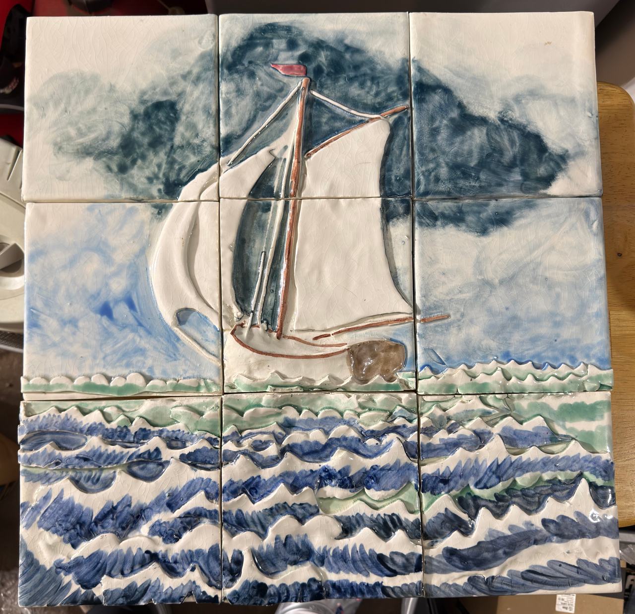 Vintage Hand-Painted Ceramic Sailboat Tile Mural (Bahamas)