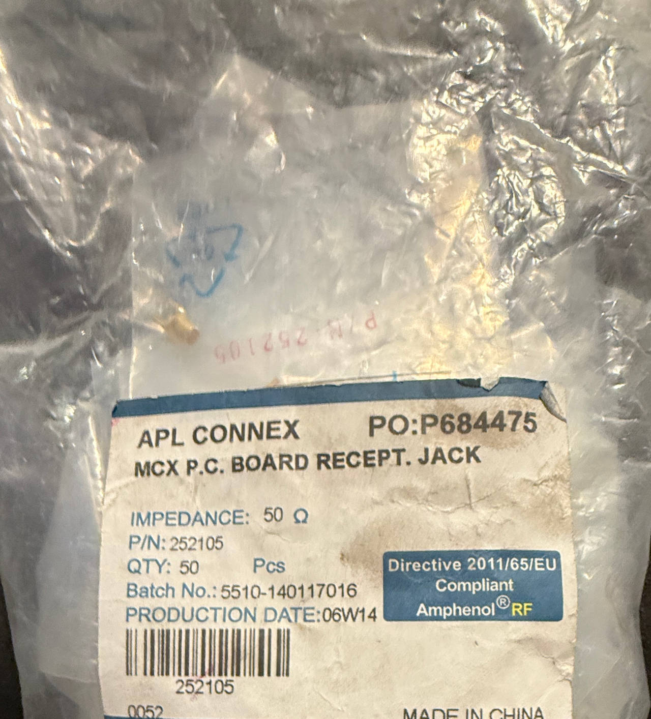 Amphenol RF 252105 MCX PCB Mount Jack (50 Pack)
