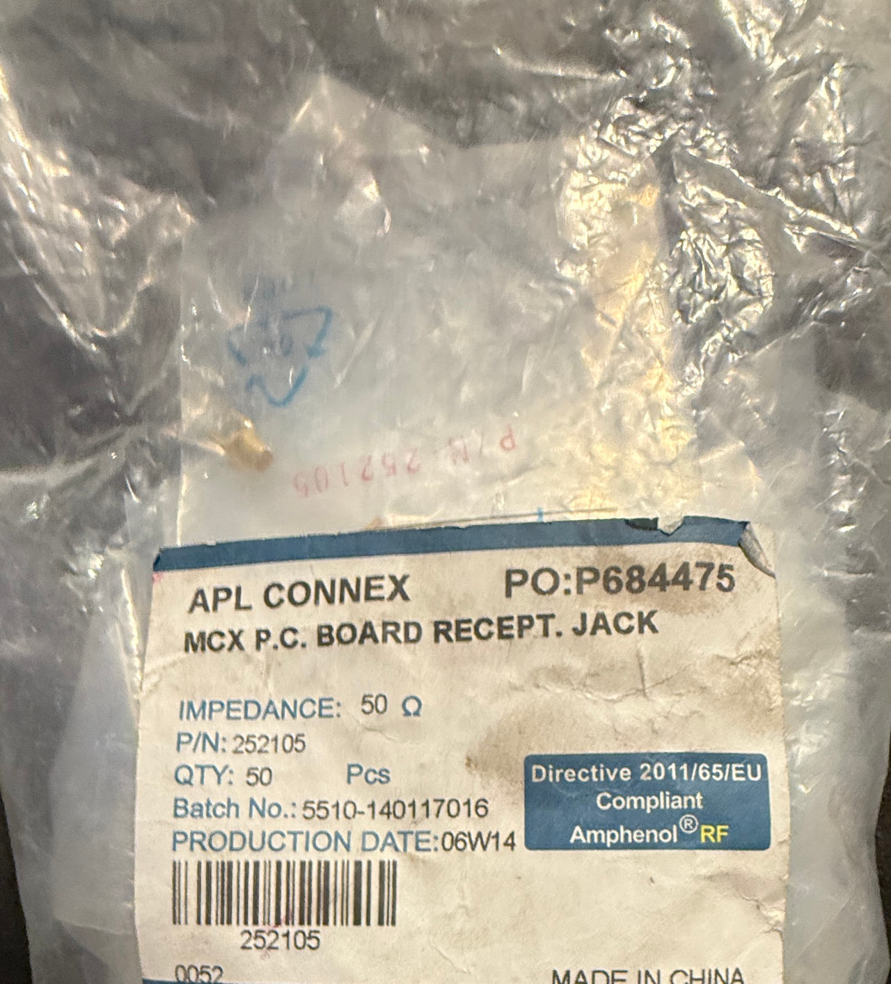 Amphenol RF 252105 MCX PCB Mount Jack (50 Pack)