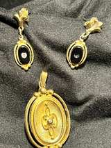 Vintage Mourning-Style Jewelry Set – Black & Gold Oval Pendant & Earrings - Image 2