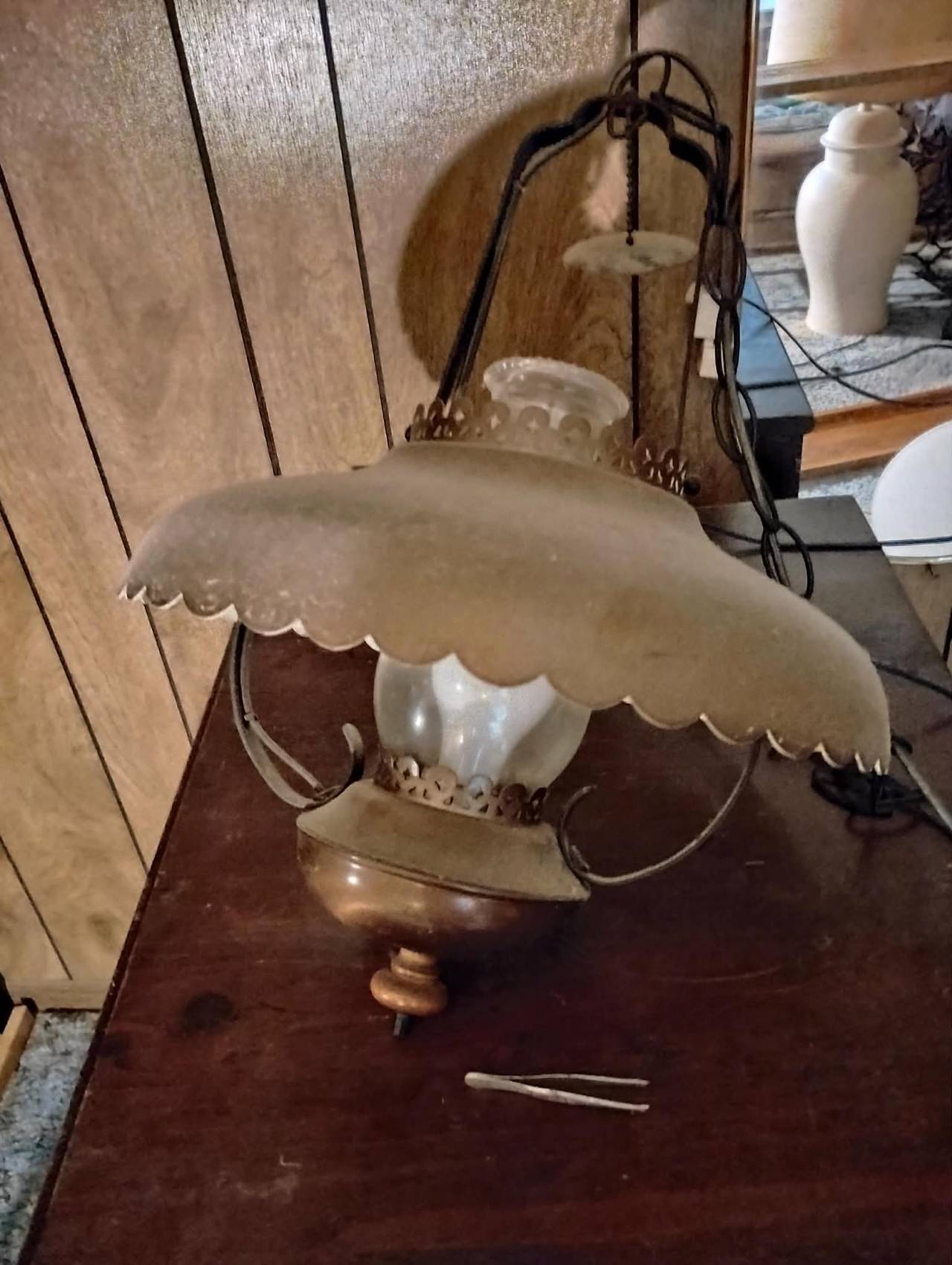 Vintage Brass Hanging Hurricane Lamp with Scalloped Shade