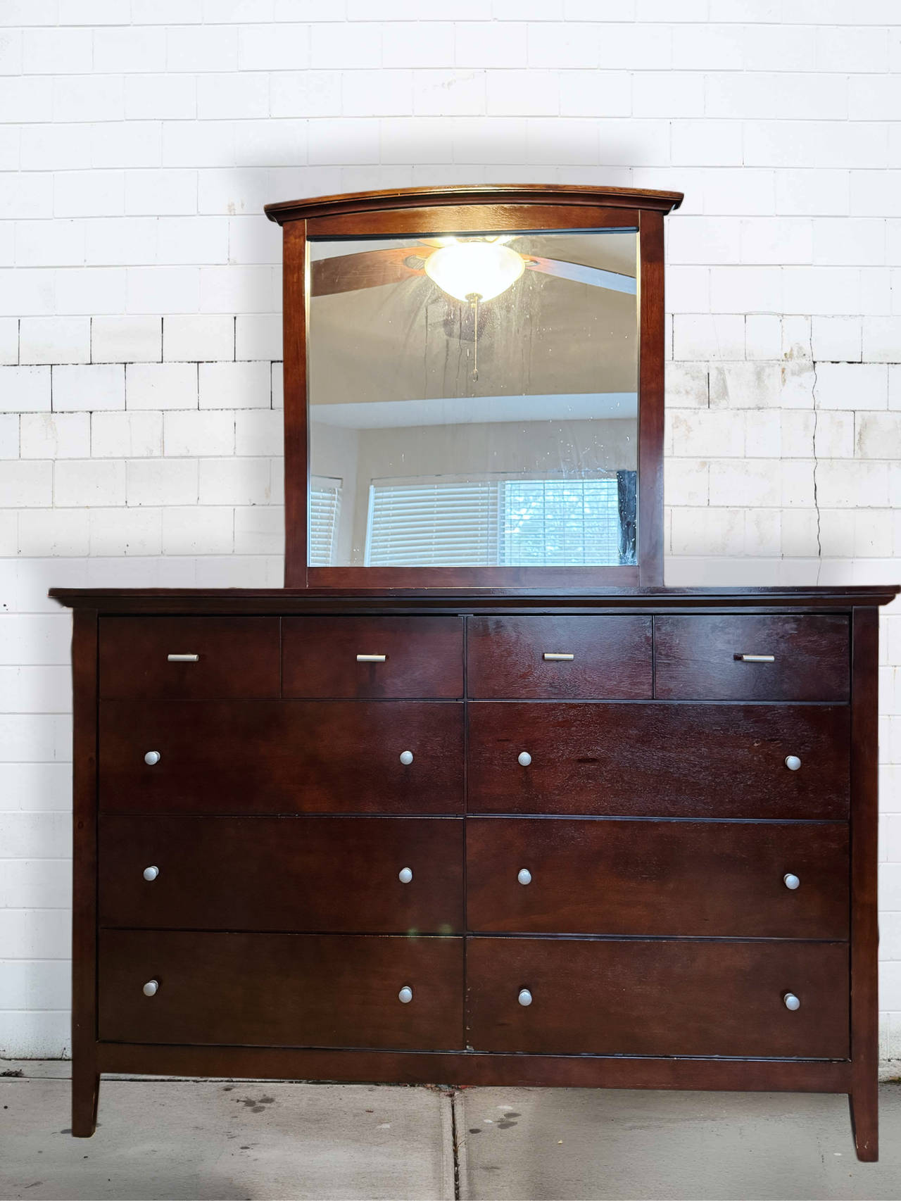 Dark Wood 10-Drawer Dresser with Mirror