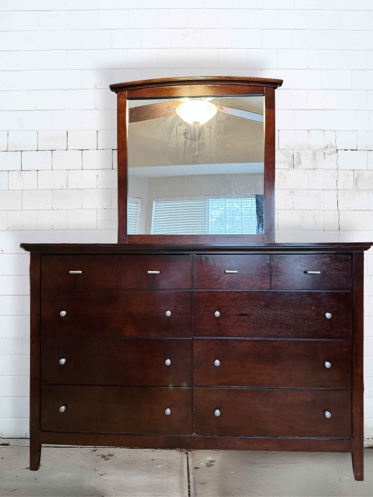 Dark Wood 10-Drawer Dresser with Mirror
