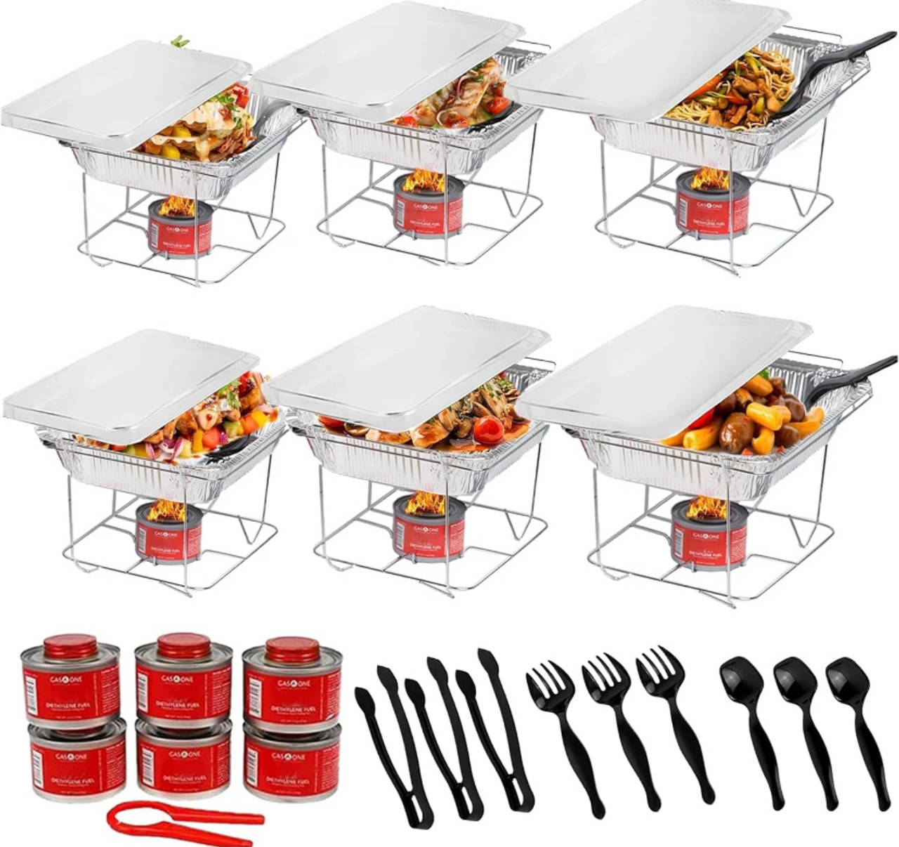 6 Piece Chafing Dish Buffet Set comes with utensils pans and warmers