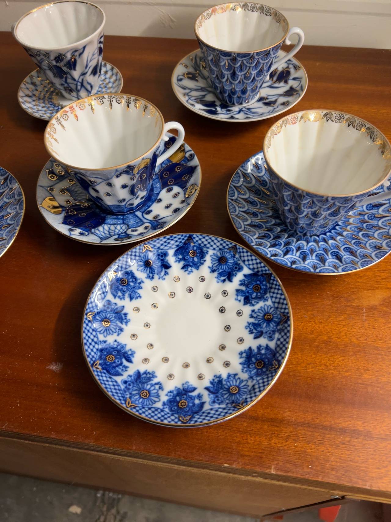 Lomonosov Imperial Russian Porcelain Blue & White Teacup and Saucer