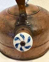 Vintage Copper Tea Kettle with Blue and White Ceramic Accents - Image 3