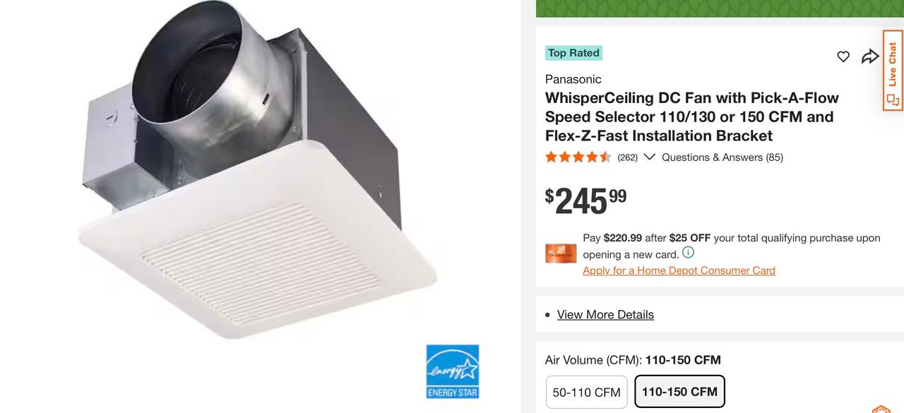 Panasonic WhisperCeiling DC Fan w/Pick-A-Flow Speed Selector - Brand New