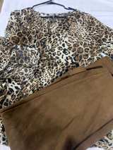 Leopard Print Bell Sleeve Blouse and Suede Pants Set - Image 2