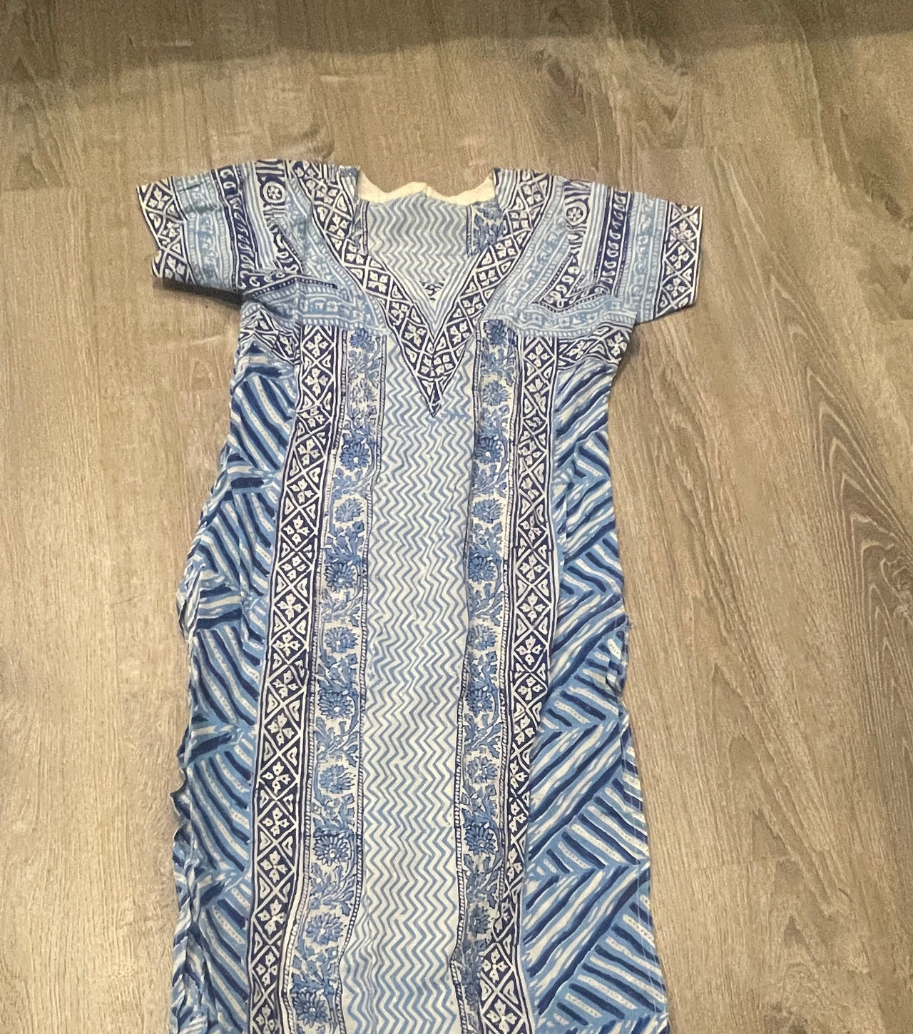 Blue and White Cotton Bohemian Kaftan Dress S