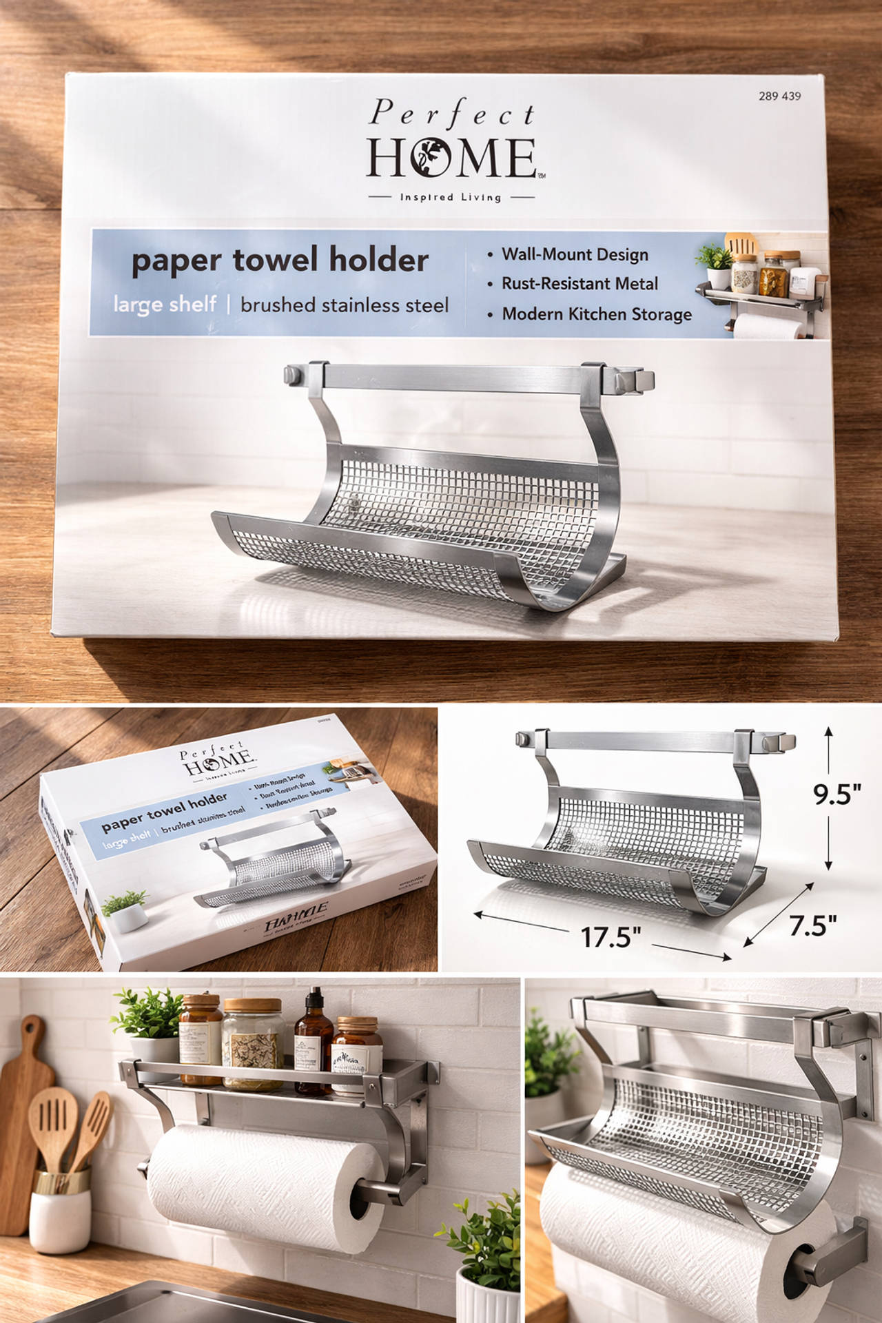 Perfect Home Paper Towel Holder with Shelf – Wall Mount Metal Rack – New in Box