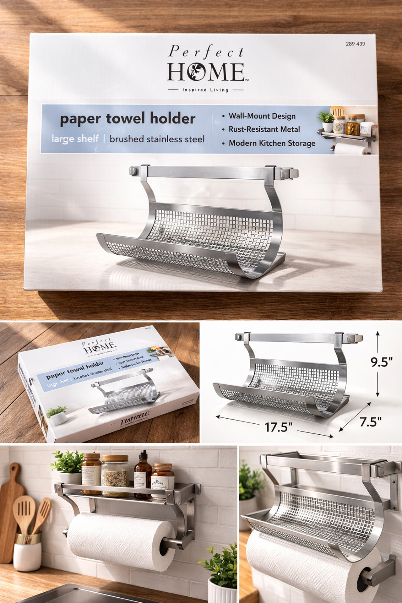 Perfect Home Paper Towel Holder with Shelf – Wall Mount Metal Rack – New in Box