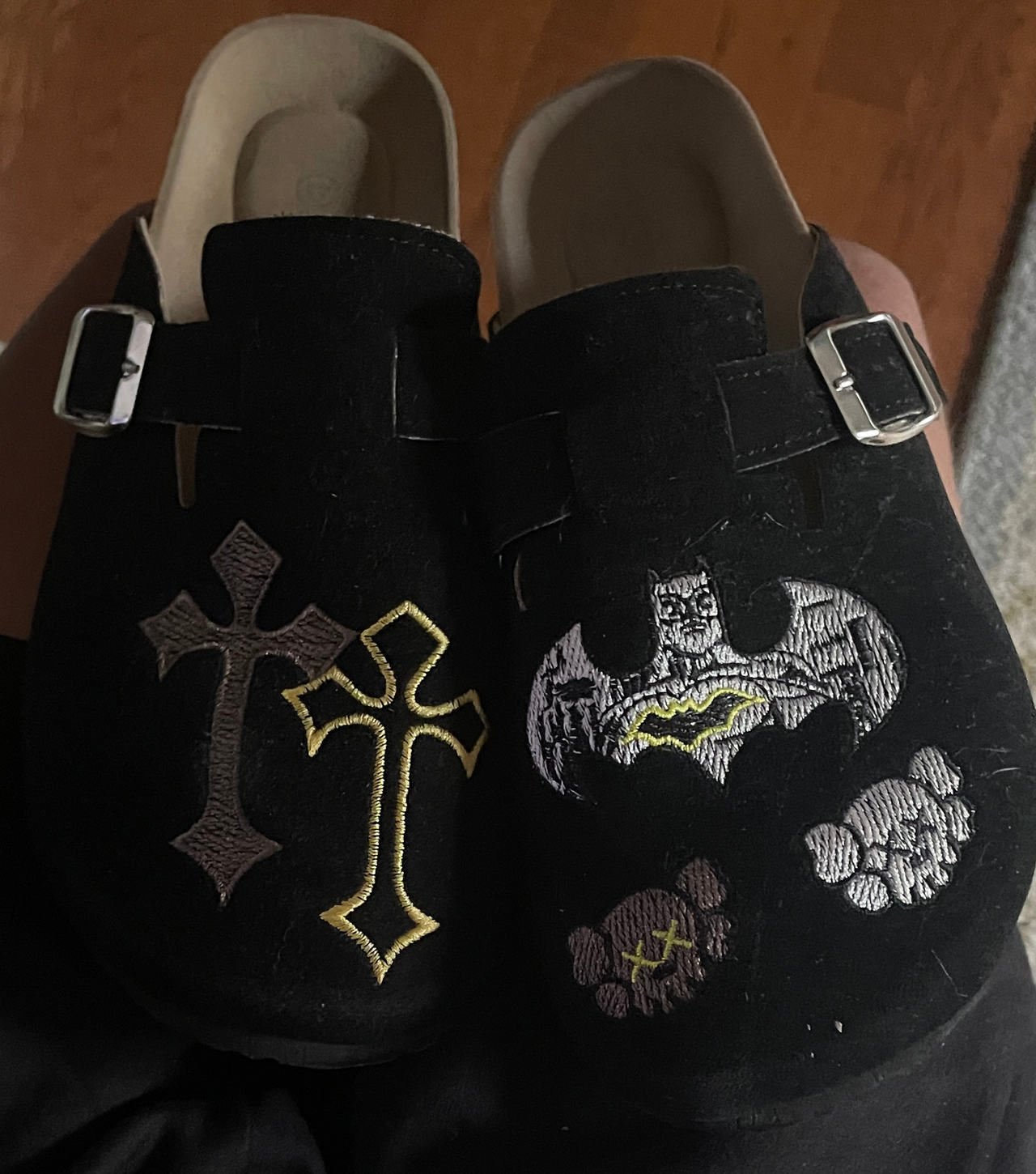 Custom Embroidered Batman/kaws/cross Suede Clogs