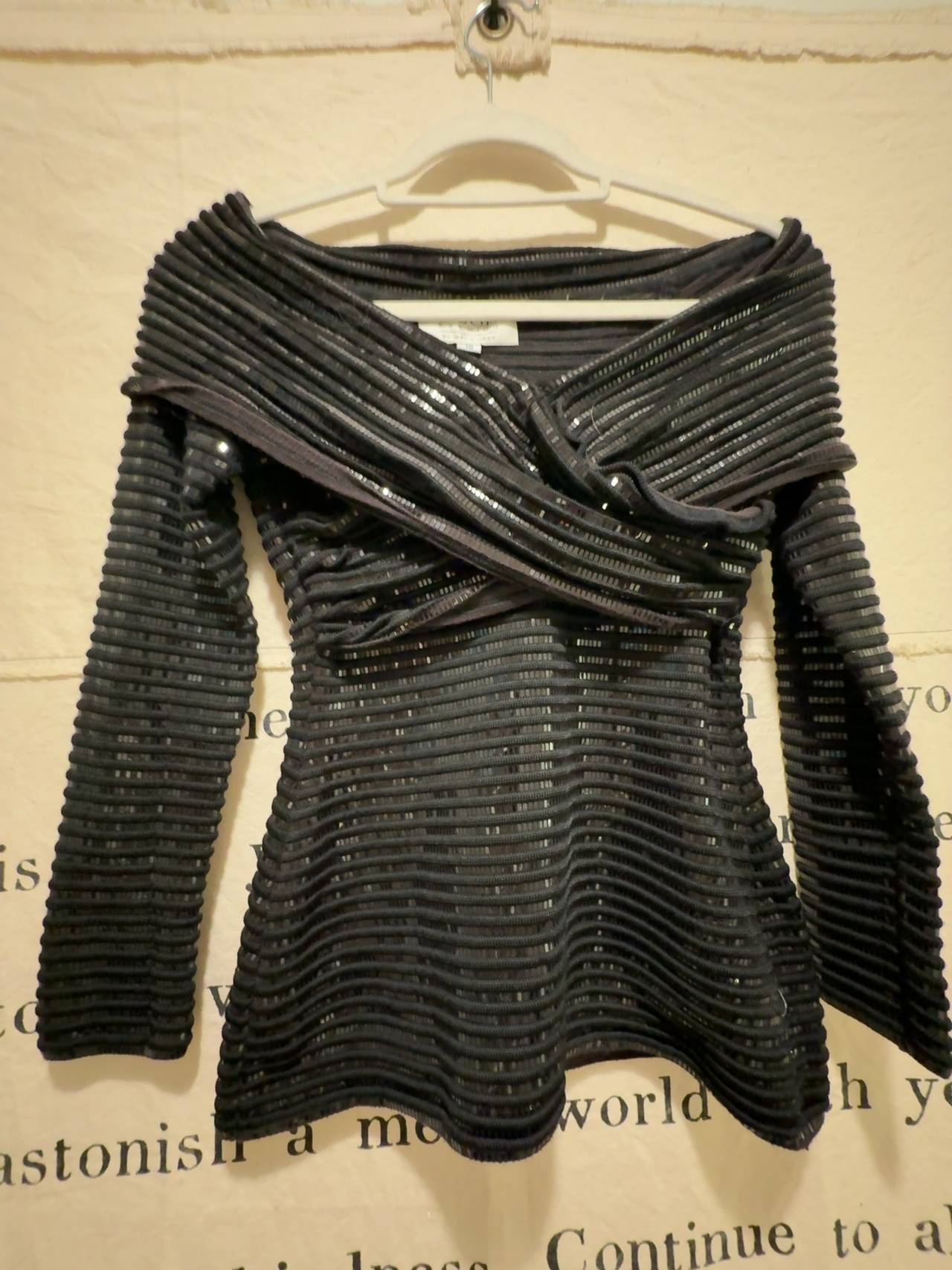 St. John Evening Black Ribbed Sequin Twisted Drape Neck Long Sleeve Top: 10