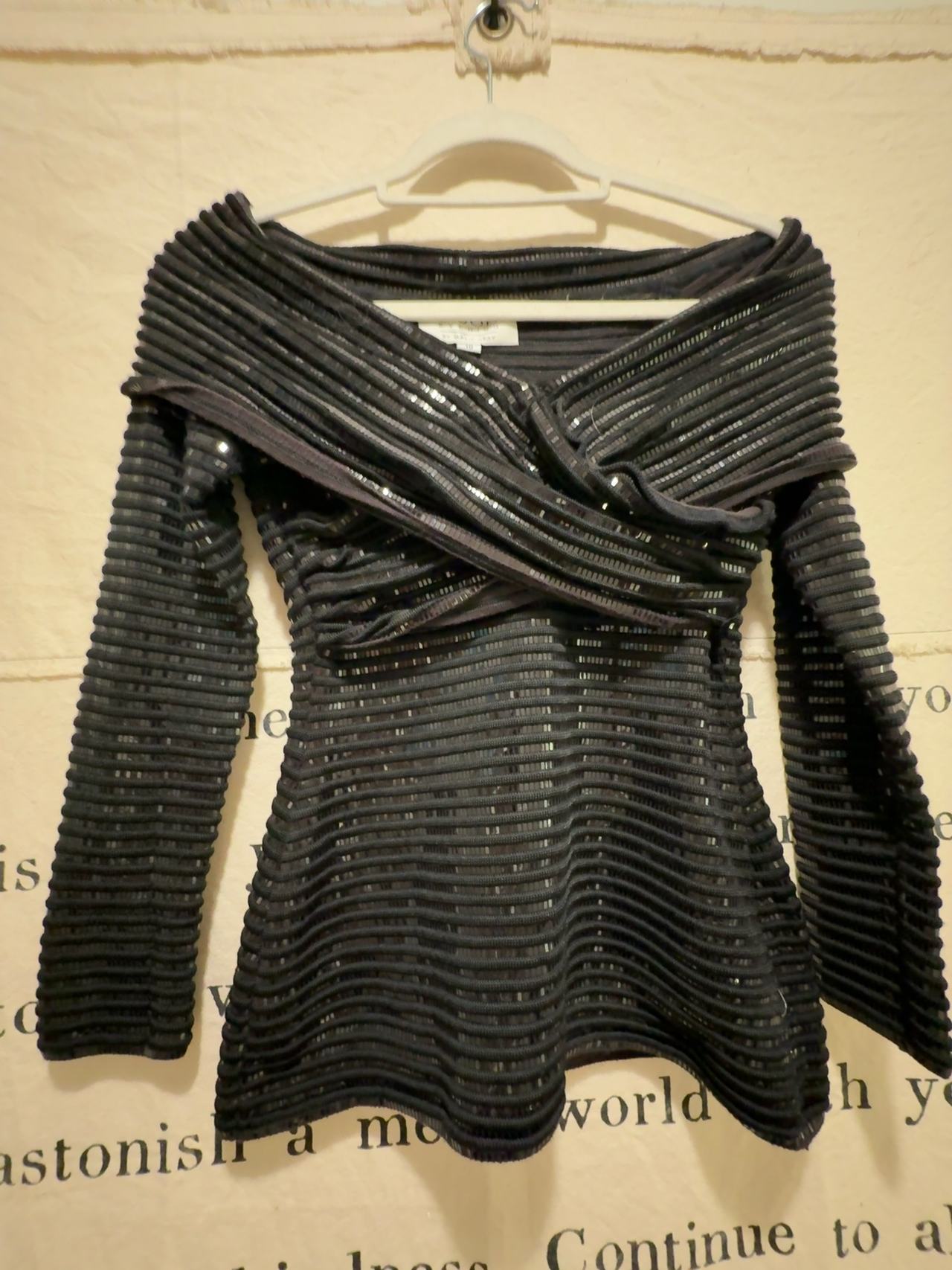 St. John Evening Black Ribbed Sequin Twisted Drape Neck Long Sleeve Top: 10