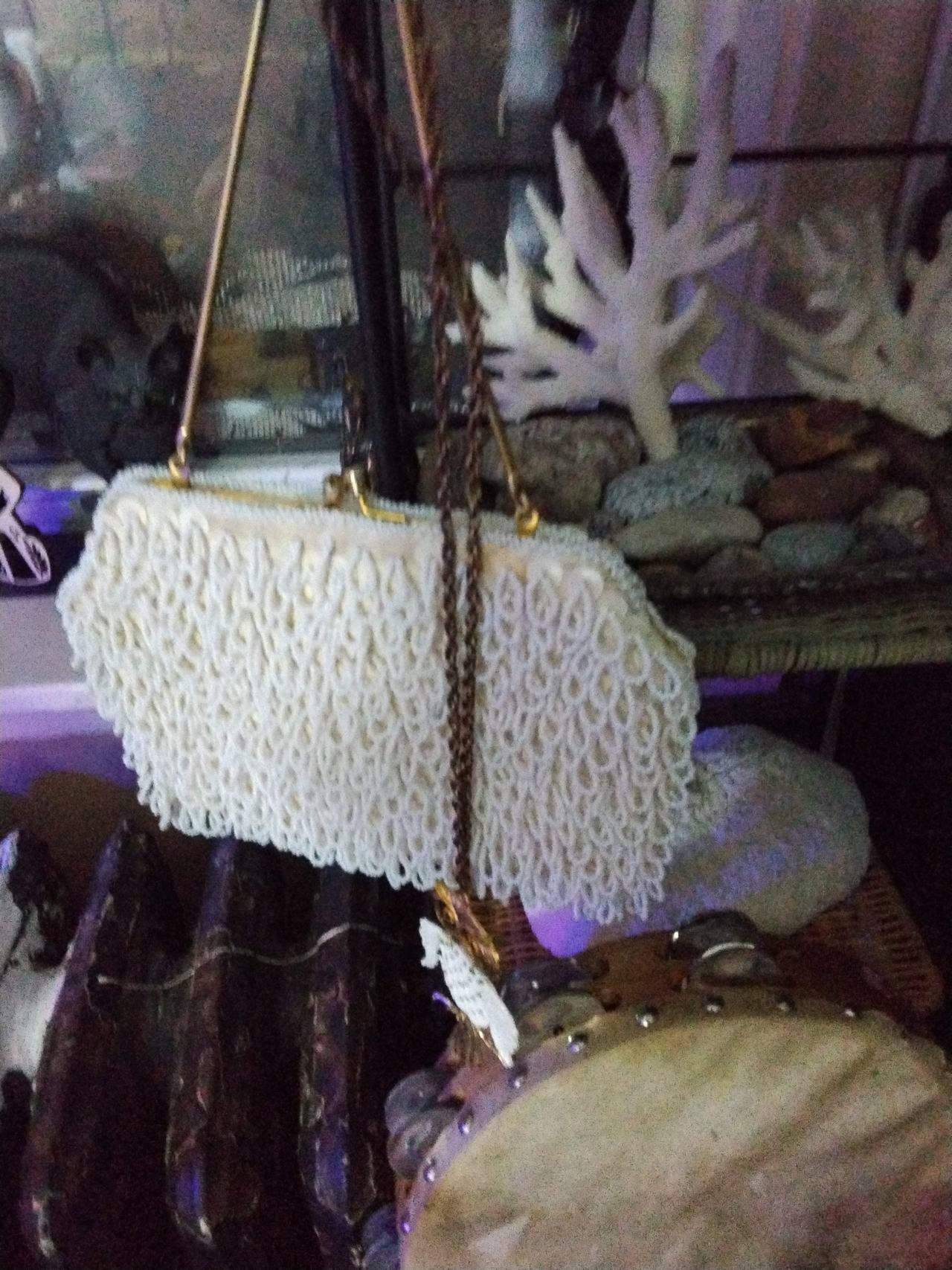 Vintage White Beaded Clutch Bag with Gold Chain