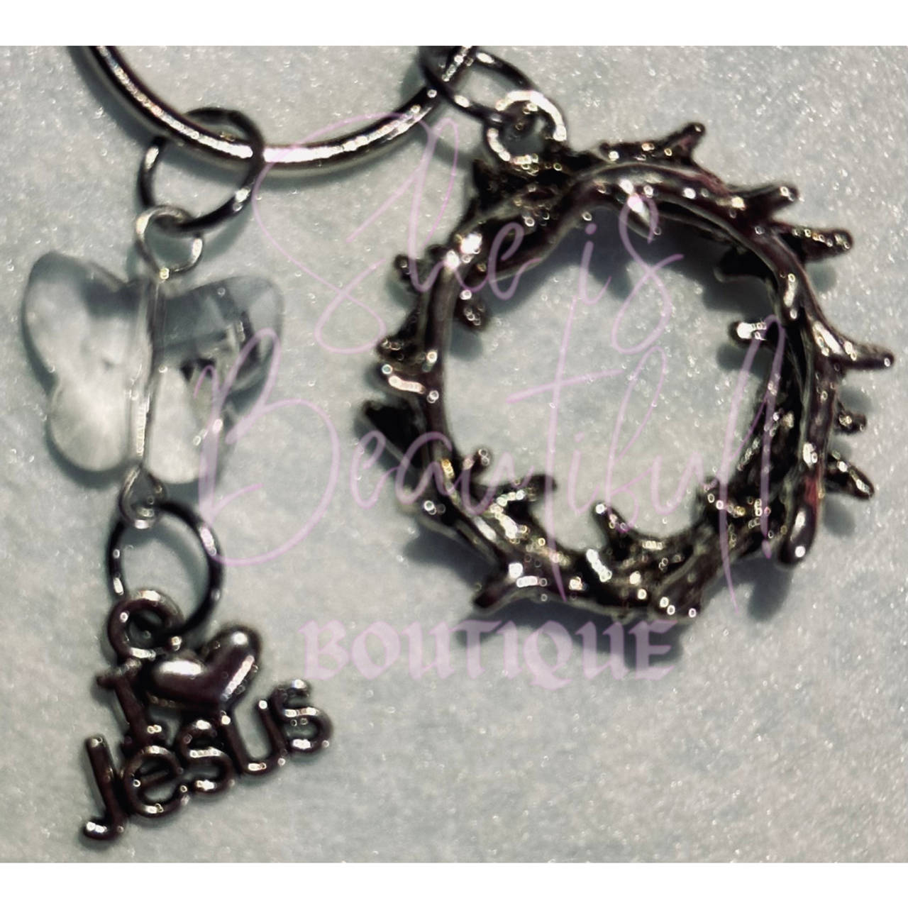 I ♥️ Jesus with Crown of Thorns and Swarovski Butterfly Charm Keychain