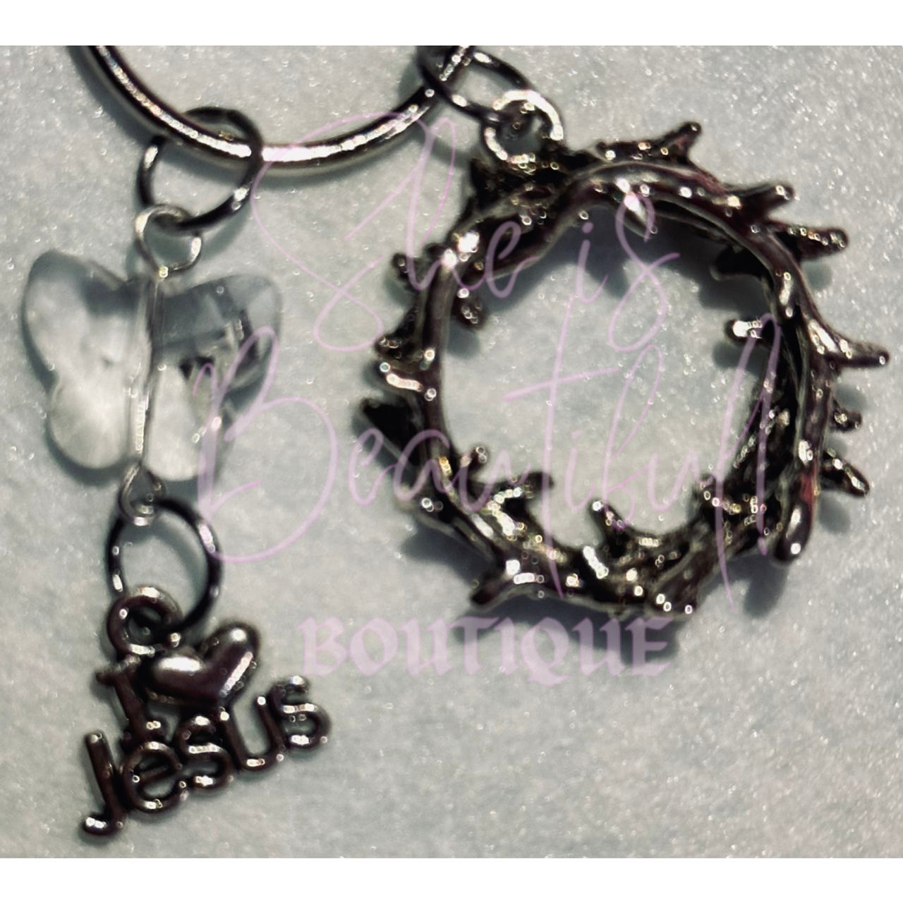 I ♥️ Jesus with Crown of Thorns and Swarovski Butterfly Charm Keychain