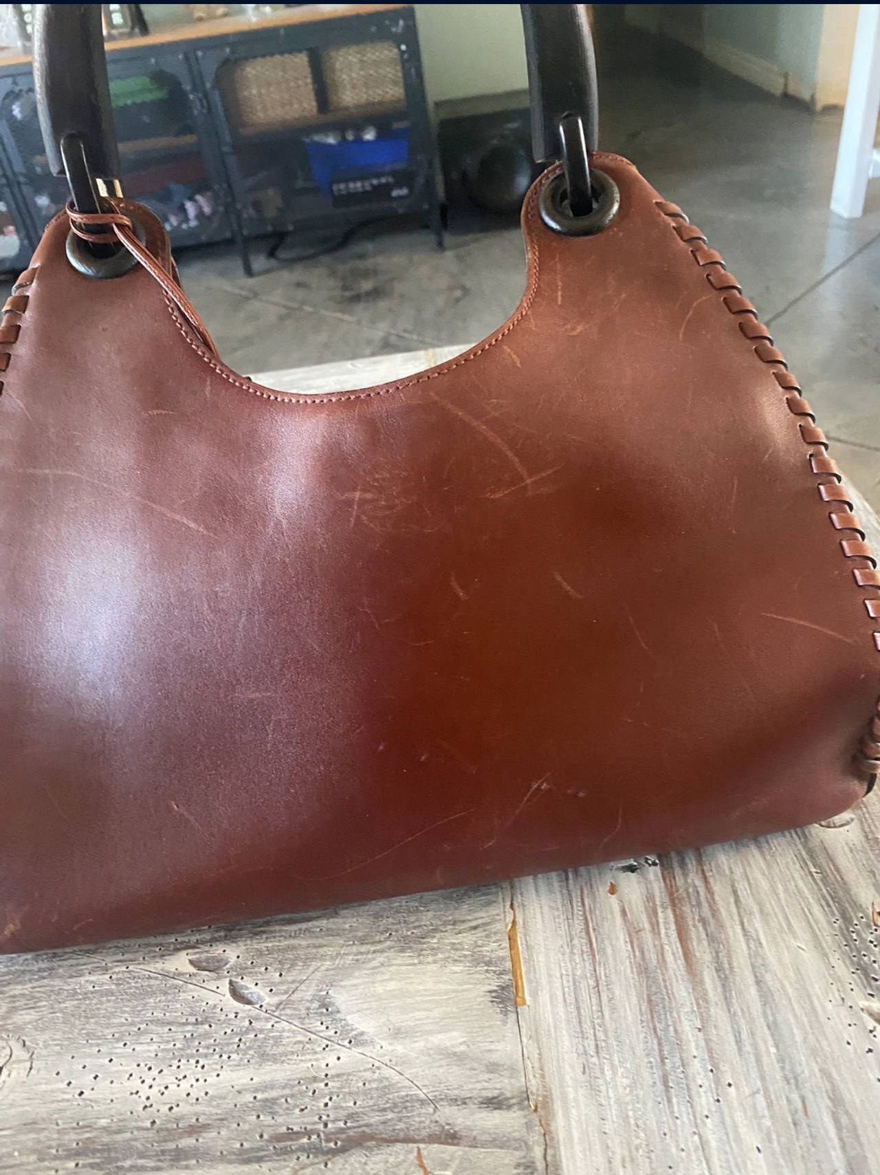 GUCCI Vintage Brown Leather Wood Handle Hobo Purse
