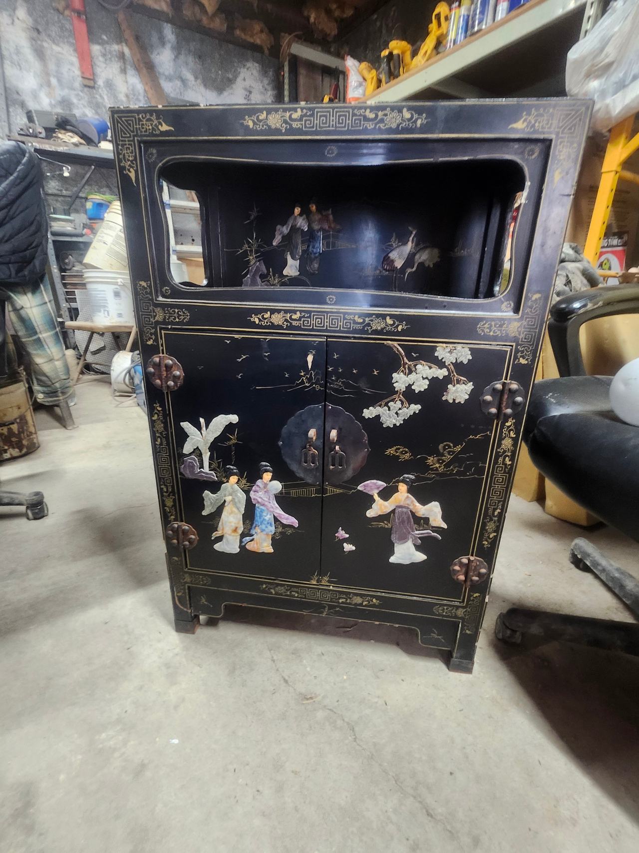 Vintage Chinese Black Lacquer Mother of Pearl Inlay Cabinet