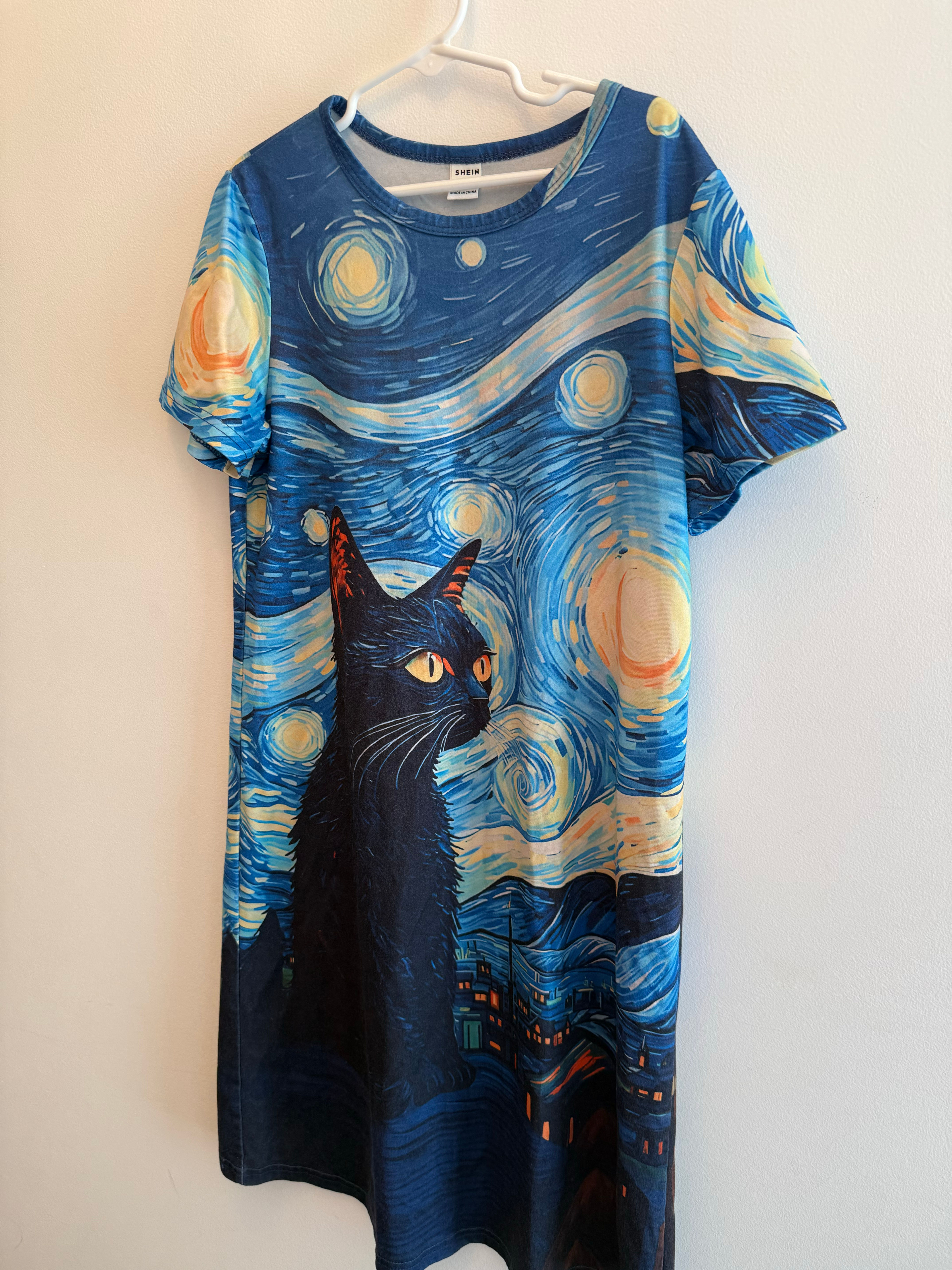 SHEIN Starry Night Cat Print T-Shirt Dress