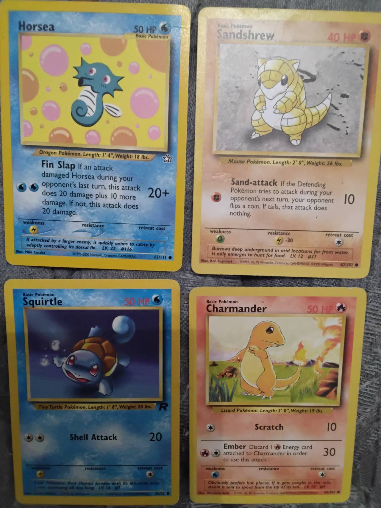 Pokémon TCG Cards Lot (Charmander, Squirtle, Sandshrew, Horsea)
