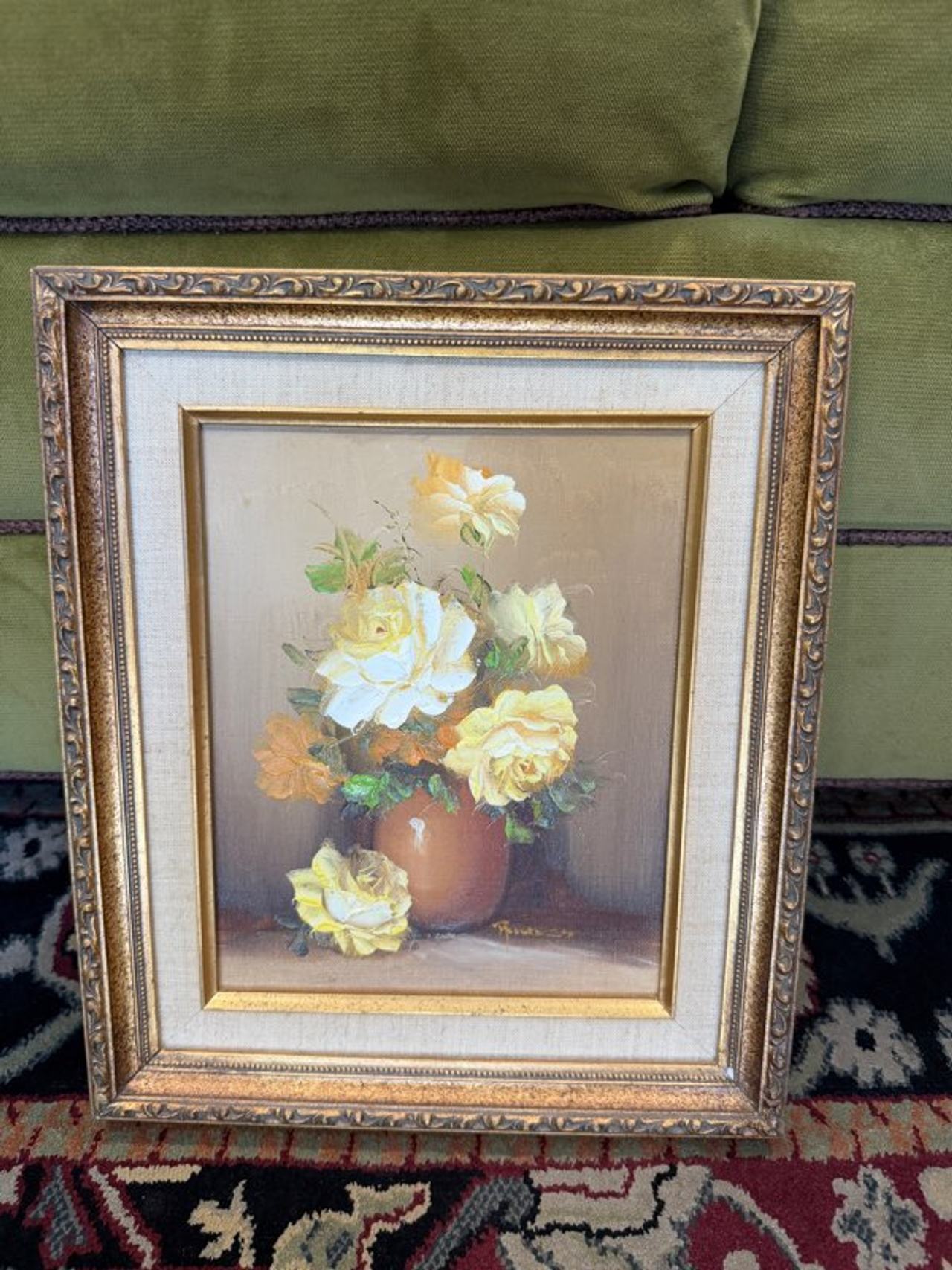 Vintage Yellow Roses Floral Oil Painting in Ornate Gold Frame Signed