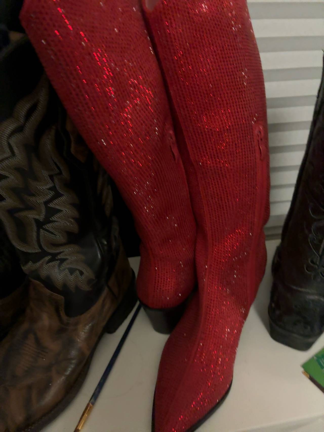 Red Rhinestone Knee-High Boots