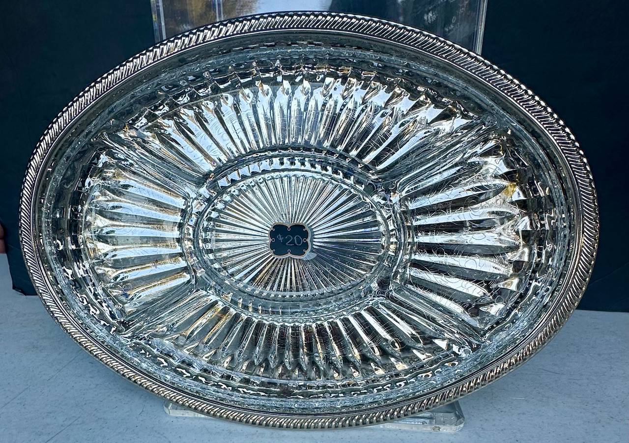 Vintage Silver Plated Oval Serving Tray with Sunburst Pattern