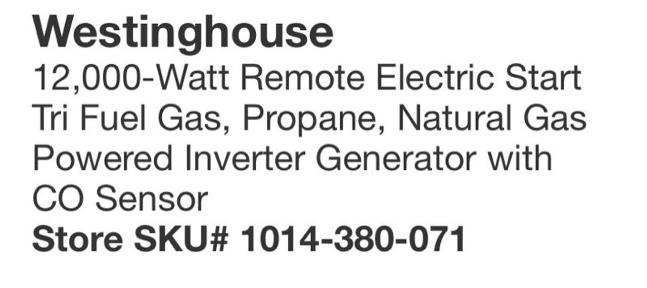 Westinghouse 12,000-Watt Tri-Fuel Inverter Generator with CO Sensor