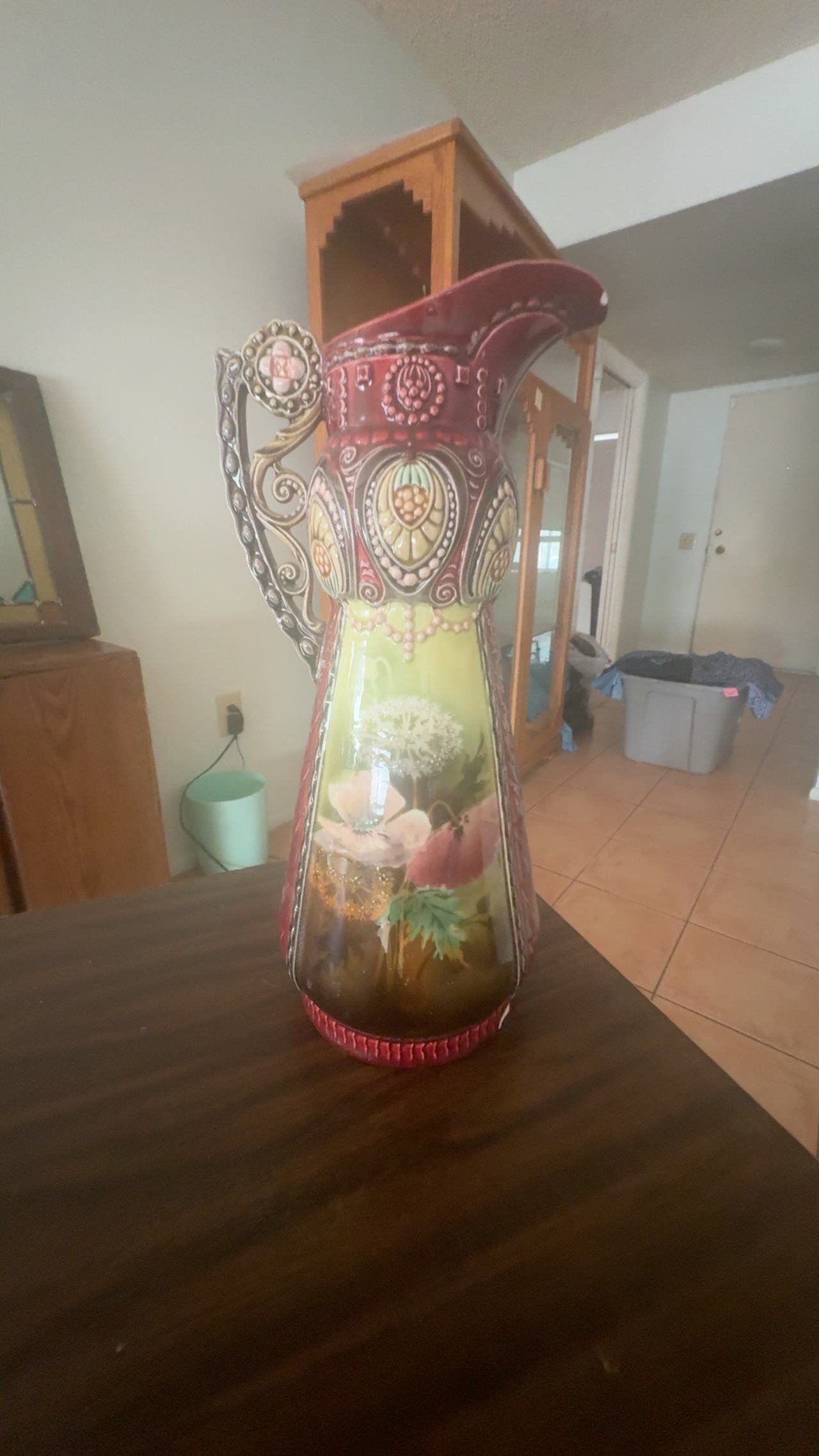 Nippon Moriage 10" Enamel Porcelain Vase with Triple Handles