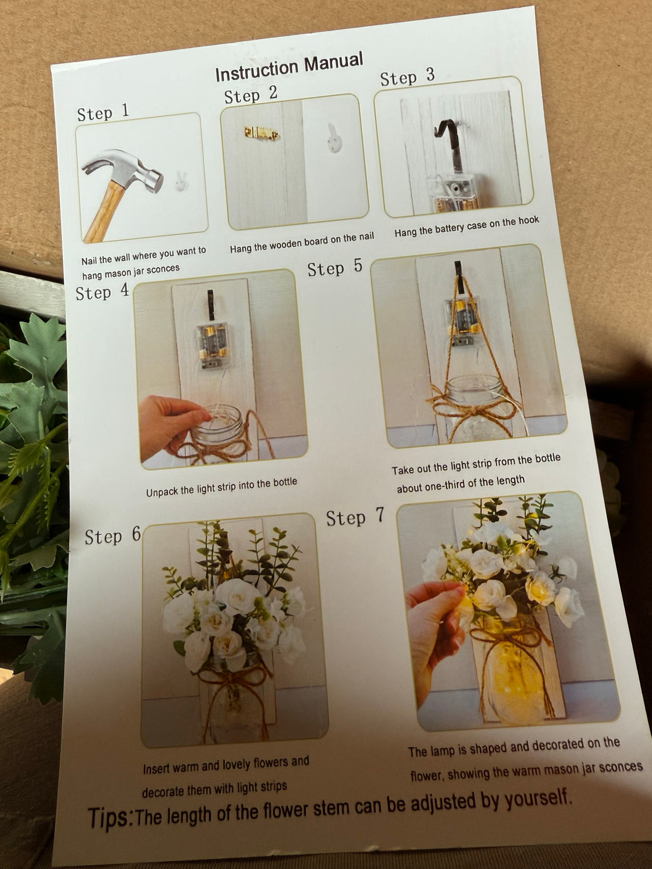 Mason Jar Wall Sconce with LED Lights and Flowers