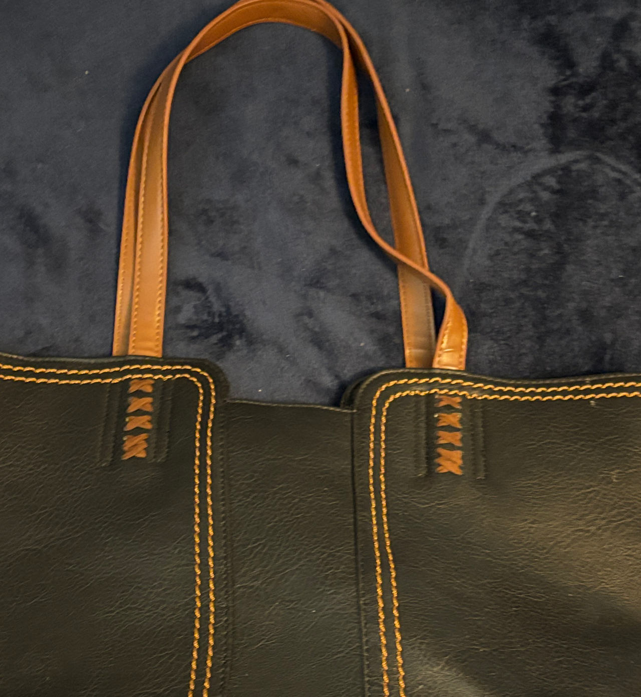 Black Faux Leather Tote Bag with Brown Straps