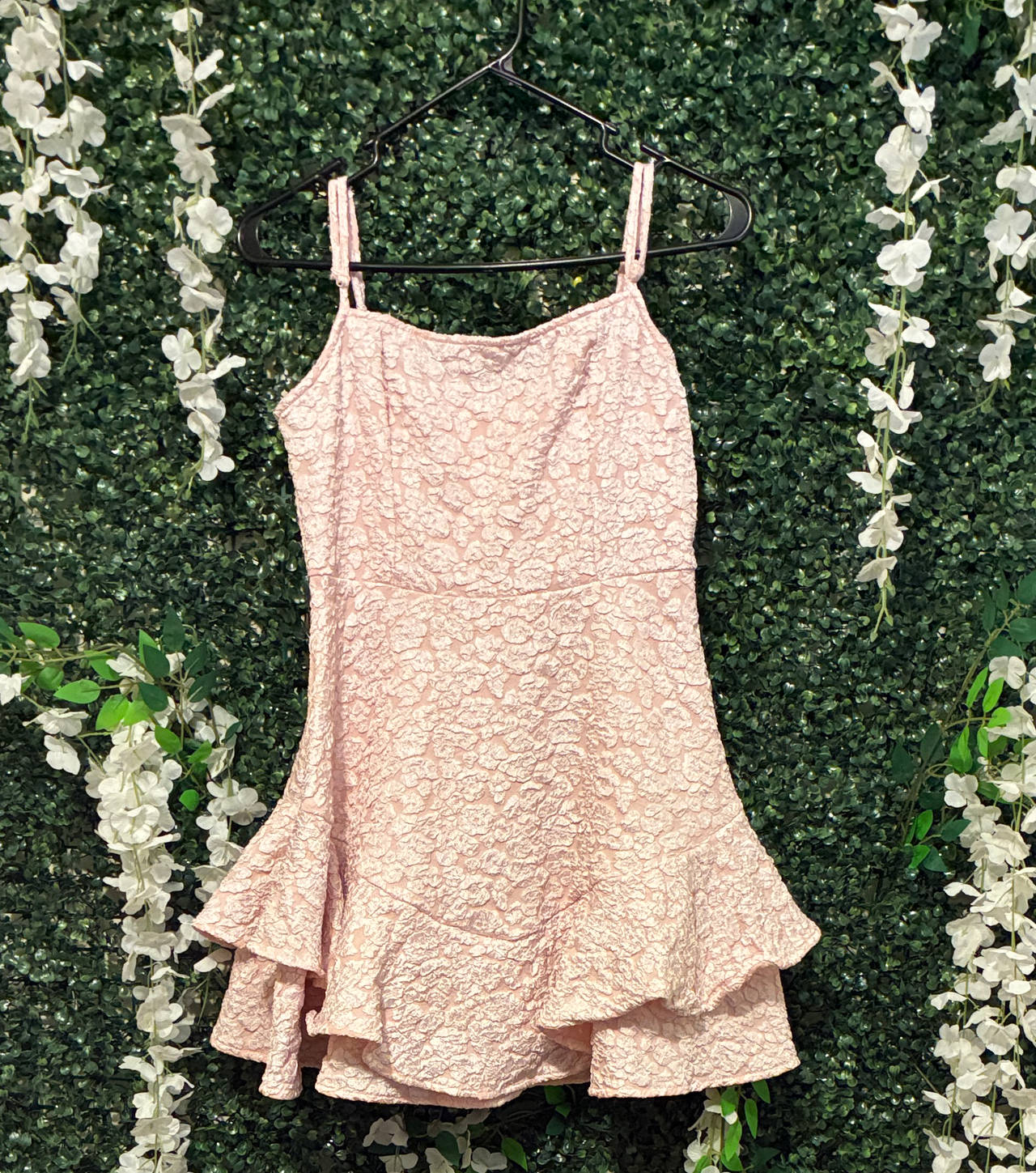 Pink Textured Lace Ruffle Mini Dress