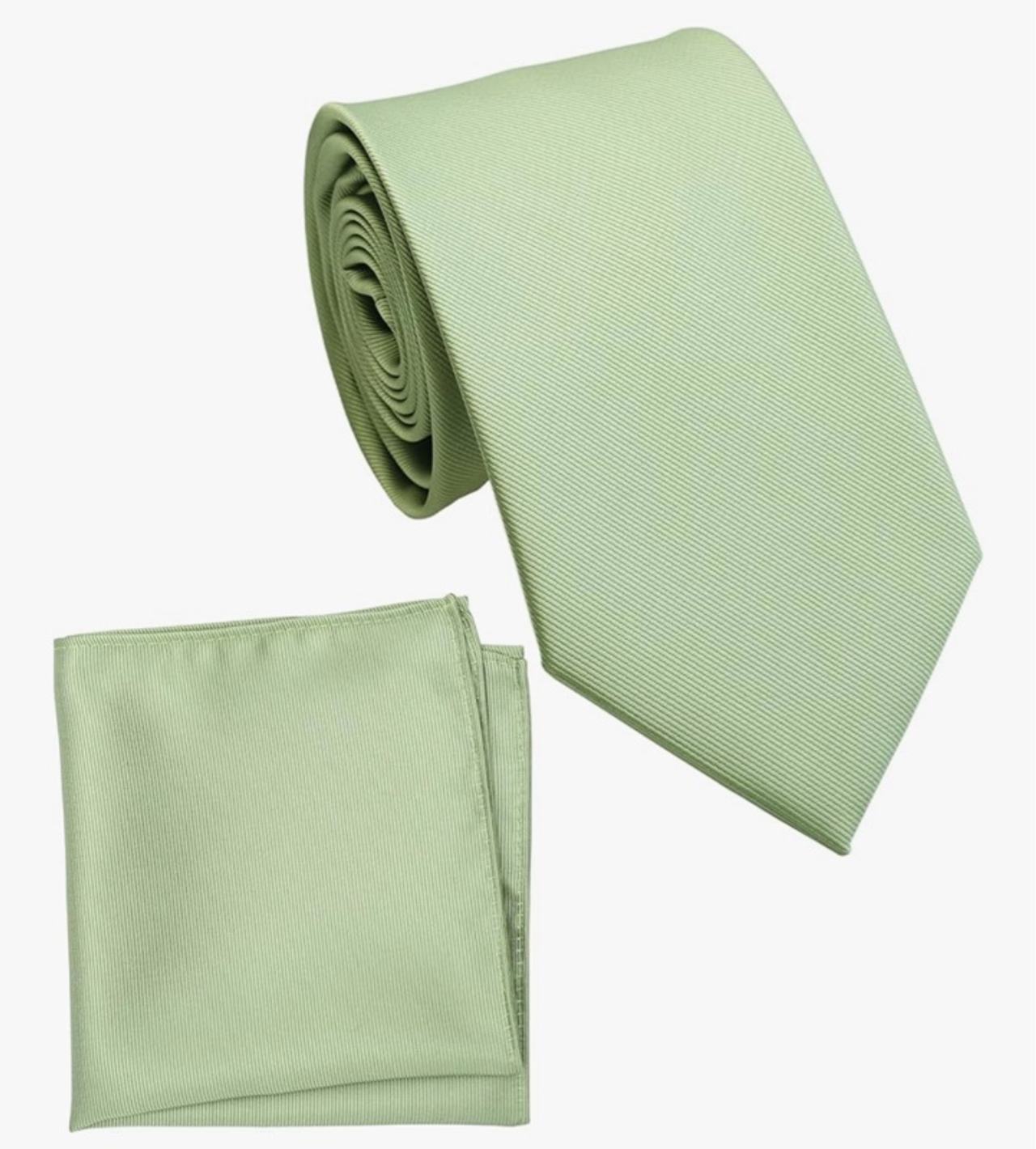 Sage Green Tie and Pocket Square for Men with Silver Cuff Links Full Set