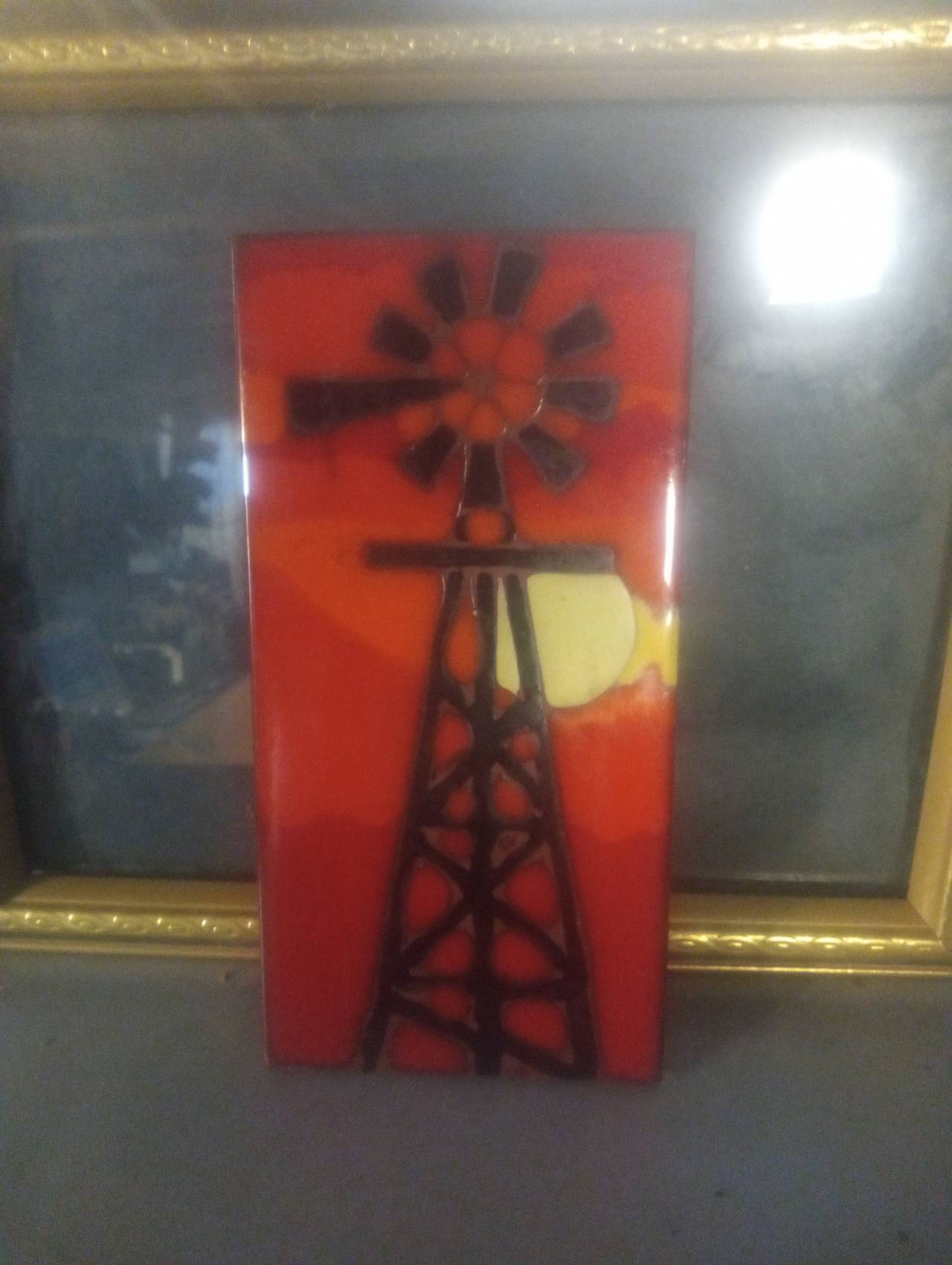 Vintage Enamel on Copper Windmill Sunset Wall Art