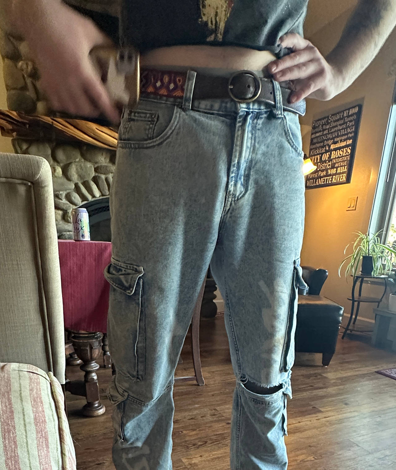 Distressed Denim Cargo Pants