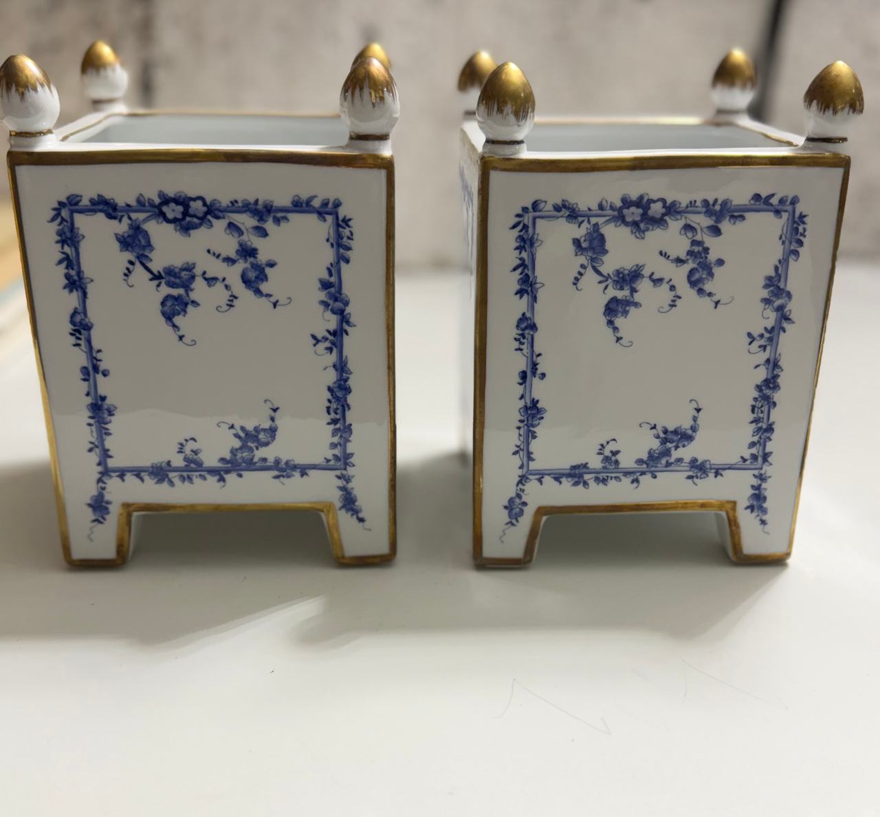 Pair Blue White Gold Porcelain Cachepot Planters Decorative Chinoiserie Style