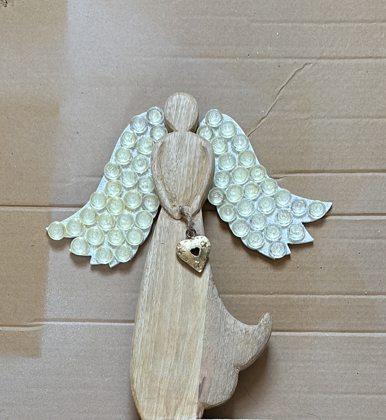 Rustic Wooden Angel Decor with Heart Charm