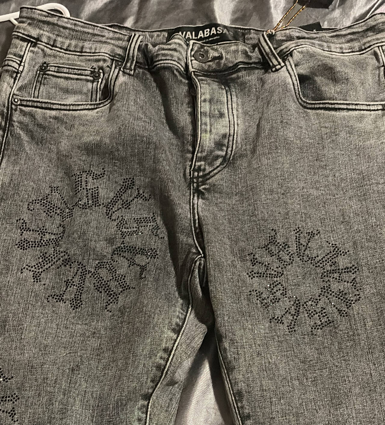 Valabasas Rhinestone Logo Grey Wash Jeans