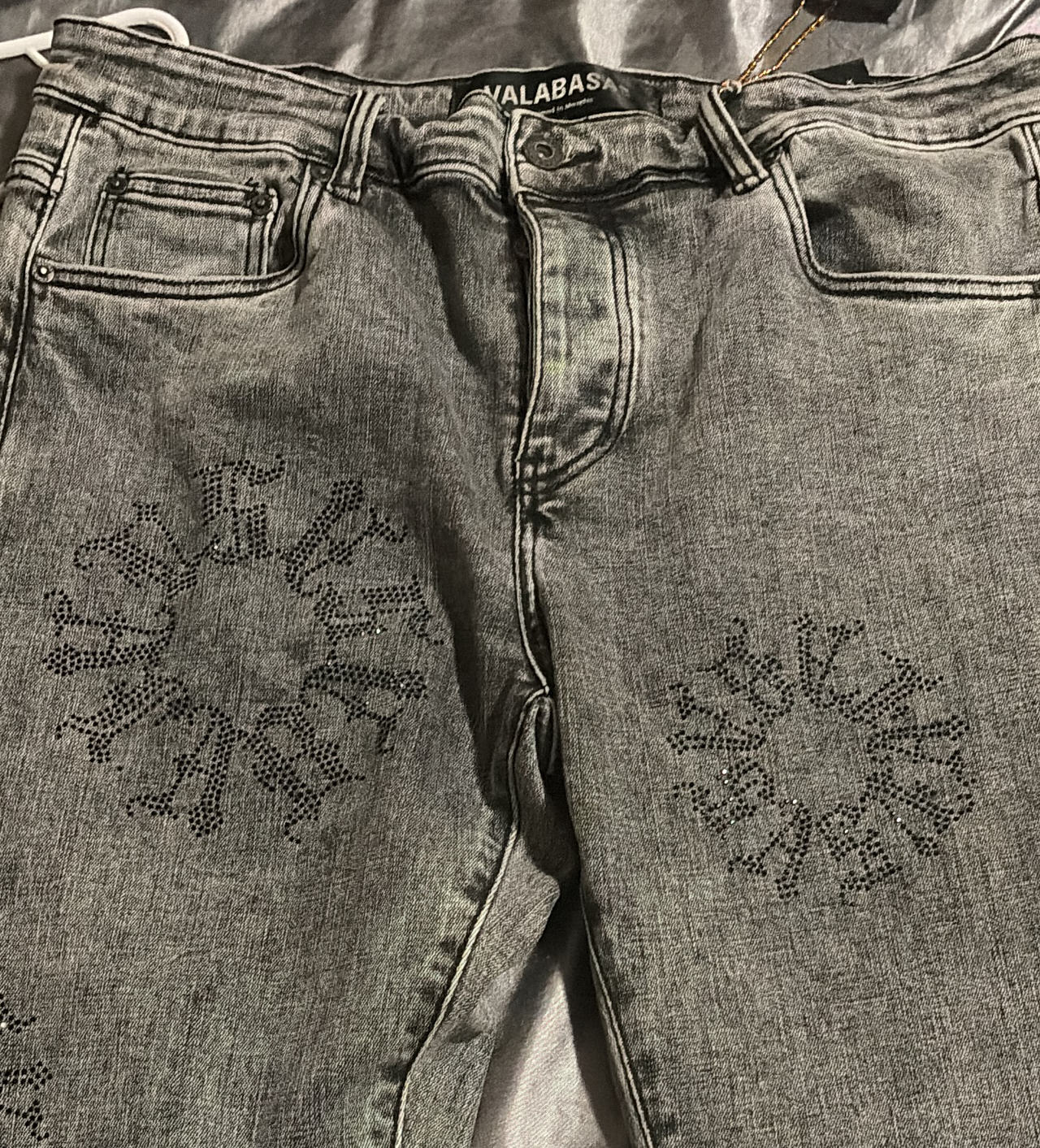 Valabasas Rhinestone Logo Grey Wash Jeans