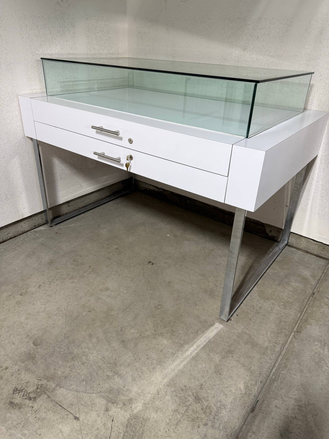 (Brand New) Modern Jewelry Display Case With Glass Top And Two Storage Drawers.