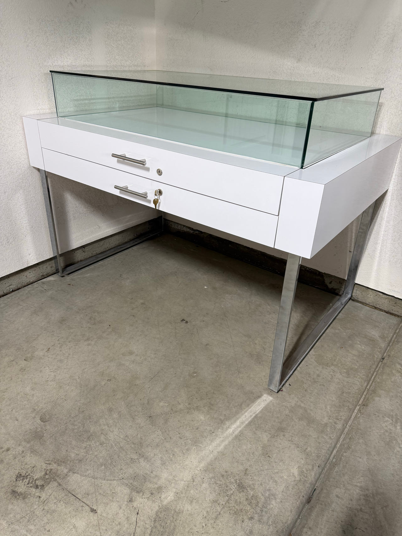 (Brand New) Modern Jewelry Display Case With Glass Top And Two Storage Drawers.