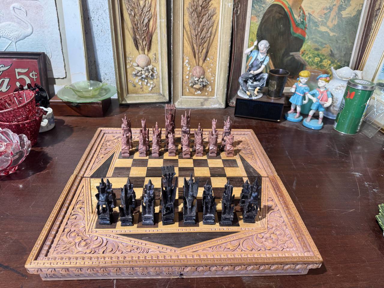 Vintage Hand-Carved Wooden Tribal Chess Set