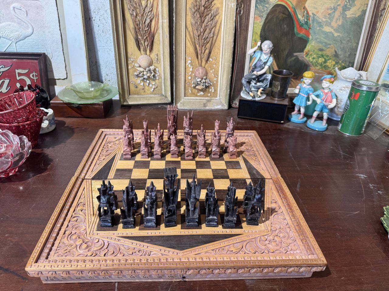 Vintage Hand-Carved Wooden Tribal Chess Set