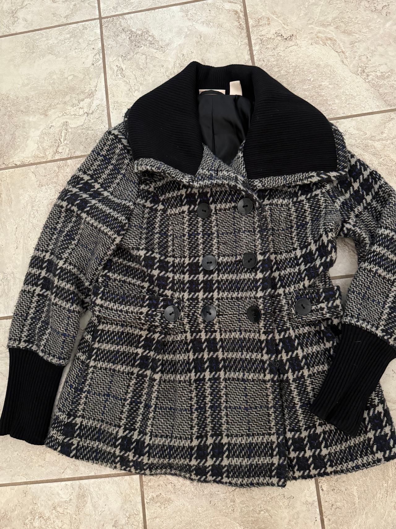 DKNY Wool Blend Coat Black & White Herringbone