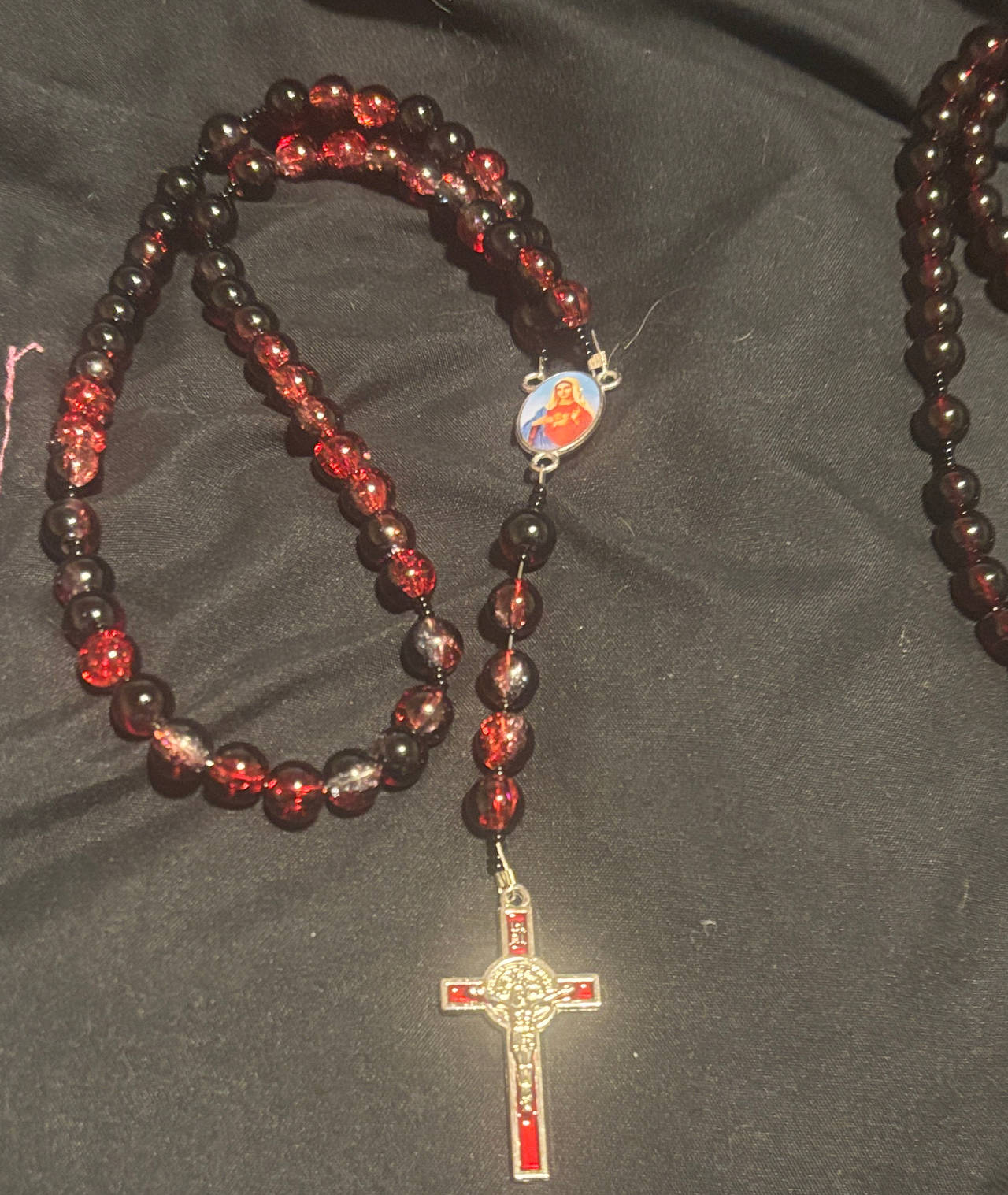 Red and Black Glass Bead Rosary with St. Benedict Crucifix