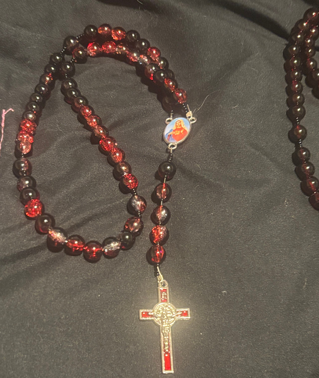 Red and Black Glass Bead Rosary with St. Benedict Crucifix