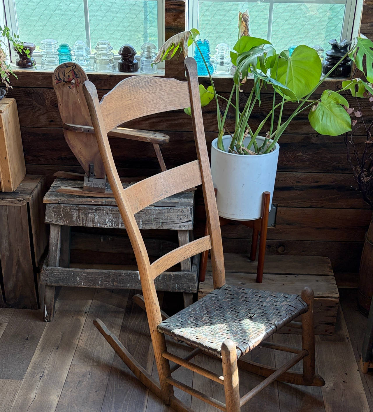 Antique Oak Ladderback Rocking Chair with Woven Seat