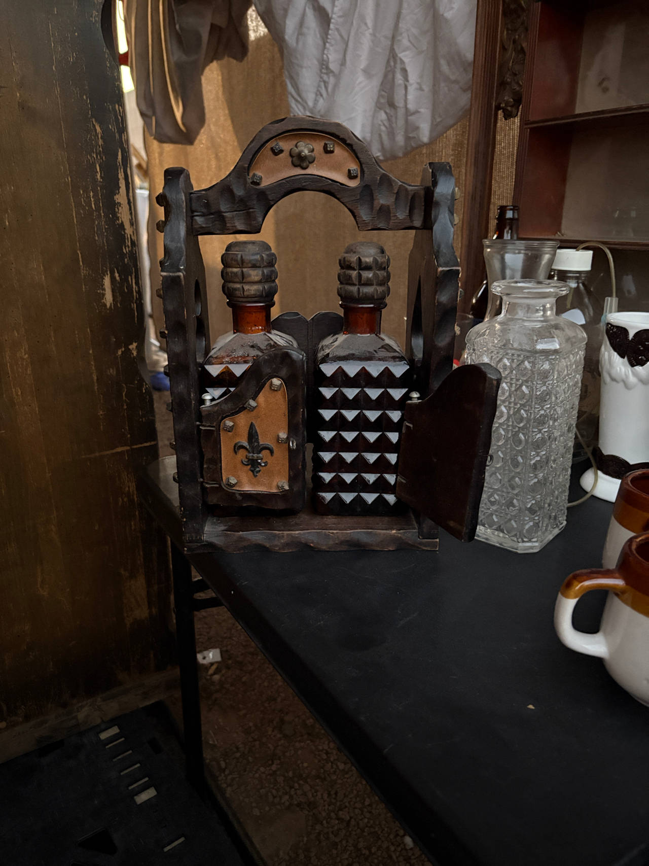 Vintage Wooden Tantalus with Amber Glass Decanters